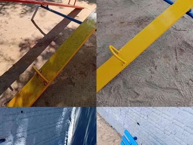 Comparação em quatro quadros de peças metálicas de playground antes e depois do tratamento e da pintura