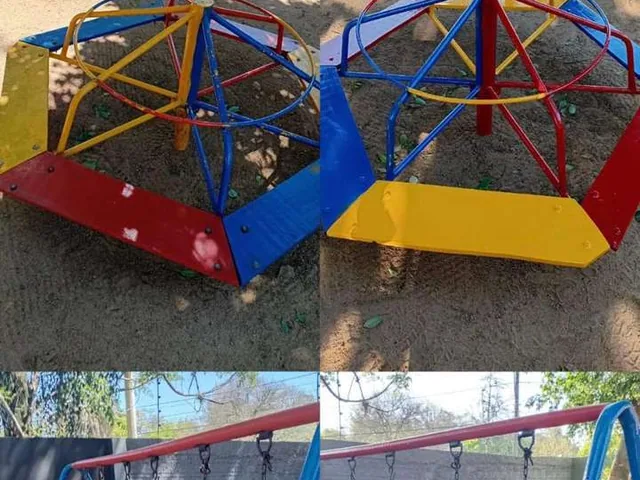 Brinquedos de playground repintados em azul, amarelo e vermelho